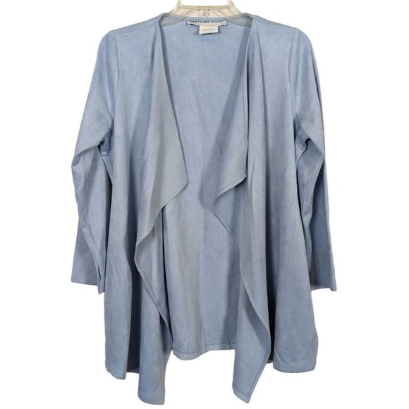 Gretchen Scott long sleeve blue faux suede waterfall open cardigan S - Picture 6 of 7